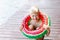 Portrait of a blond boy with a circle in the form of a watermelon in summer, a child`s vacation in the village, a happy childhood