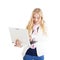 Portrait of a blond girl with a white laptop. Surprising face.