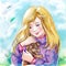 Portrait of blond teen girl hugs a little puppy artistic illustration