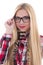 Portrait of blondie woman in eyeglasses with eye test chart