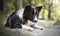 Portrait of a border collie puppy relaxing among rocks