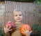 Portrait of a boy 4 years old with two orange pumpkins in his hands