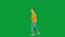 Portrait of boy on chroma key green screen. Schoolboy running and looking around, serious face expression. Full body