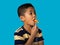 Portrait of a boy eating a hot dog Isolated from on the blue background. clipping path. Junk food concept