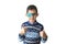 Portrait of boy in glasses with patch. Eye patch for glasses t treat lazy eye, amblyopia, strabismus