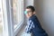 Portrait of boy in glasses with patch. Eye patch for glasses t treat lazy eye, amblyopia, strabismus