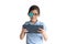 Portrait of boy in glasses with patch for glasses. Boy with tablet. Treat lazy eye, amblyopia, strabismus.  Remote learning. Dista
