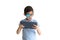 Portrait of boy in glasses with patch for glasses. Boy with tablet. Treat lazy eye, amblyopia, strabismus.  Remote learning. Dista