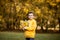 Portrait of a boy in hoodie posing with bunch of autumn leaves. Copy space