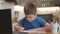 Portrait of boy learning online at home. Closeup child using laptop computer sitting at table in living room. School kid typing on