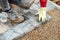 Portrait of bricklayer laying slabs and pavement in garden