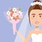 portrait bride with flowers with wedding dress