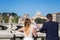 Portrait of bride and groom posing on the streets of Rome, Italy