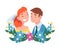 Portrait of bride and groom standing behind a wreath cartoon vector illustration