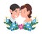 Portrait of bride and groom standing behind a wreath cartoon vector illustration