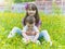 Portrait of brother and sister together sitting in dandelion field