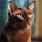 Portrait of a brown Burmese cat sitting in a light room beside a window. Closeup face of a beautiful Burmese cat at home. Portrait