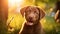 Portrait of brown cute Happy Labrador retriever puppy with sunset bokeh foliage abstract background. Adorable smile dog head shot