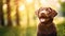 Portrait of brown cute Happy Labrador retriever puppy with sunset bokeh foliage abstract background. Adorable smile dog head shot