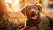 Portrait of brown cute Happy Labrador retriever puppy with sunset bokeh foliage abstract background. Adorable smile dog head shot