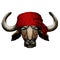 Portrait of buffalo, bison, bull, cow. Face of animal. Bandana. Pirate. Motorcycle.