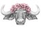 Portrait of Buffalo with floral head wreath.