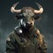 Portrait of a bull dressed in a tactical military outfit on a clean background. Wildlife Animals. Illustration, Generative AI