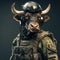 Portrait of a bull dressed in a tactical military outfit on a clean background. Wildlife Animals. Illustration, Generative AI