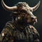 Portrait of a bull dressed in a tactical military outfit on a clean background. Wildlife Animals. Illustration, Generative AI