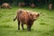 Portrait of the bull of Highland breed on the pasture land.