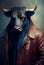 Portrait of a bull in human stylish clothes. Personification of animal features. Standing confidently and decisively.