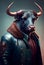 Portrait of a bull in human stylish clothes. Personification of animal features. Standing confidently and decisively.