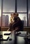 Portrait of business lion sitting in office. AI generative illustration