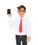 Portrait of business man showing a new brand, latest smartphone screen. Young man holding cell or mobile phone in hand.