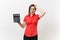 Portrait of business teacher or accountant woman in red shirt, glasses holding calculator in hands on white