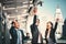 Portrait of Business team raising arms celebrate and Throw money on blurred city background. Business success concept. Vintange