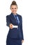 Portrait of business woman giving business card