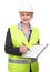 Portrait of a business woman in safety vest and hardhat writing on blank clipboard