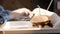 Portrait of busy young business man sitting with glass of drink and hamburger in fast food restaurant interior