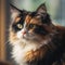 Portrait of a calico Ragamuffin cat sitting in a light room beside a window. Closeup face of a beautiful Ragamuffin cat at home.