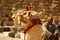 Portrait of a camel in a beautiful harness on a blurred sandy background