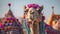 Portrait of camel wearing multicolored bead necklace. camel dressed in traditional, festive, flower-decorated ammunition