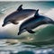 A portrait capturing the playfulness of two dolphins leaping gracefully out of the sparkling ocean waves3