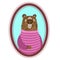 Portrait of a cartoon cute shaggy bear in a beautiful striped sweater, animal postcard, poster, print. Vector illustration