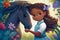 Portrait of cartoon happy little girl feeding a horse. Nature background. Illustration for children\\\'s book. Generative AI