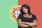 Portrait of casual mixed race woman against Portuguese flag