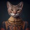 Portrait of cat in human clothing. Creative portrait of animal on abstract background. Antropomorphic animal. Created