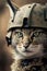 Portrait of a cat in a military helmet. Selective focus.