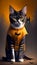 Portrait from a cat in orange Halloween costume with bat in front of a spooky castle