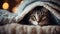 portrait of a cat A playful cat with bright, glowing eyes, hiding under a blanket fort